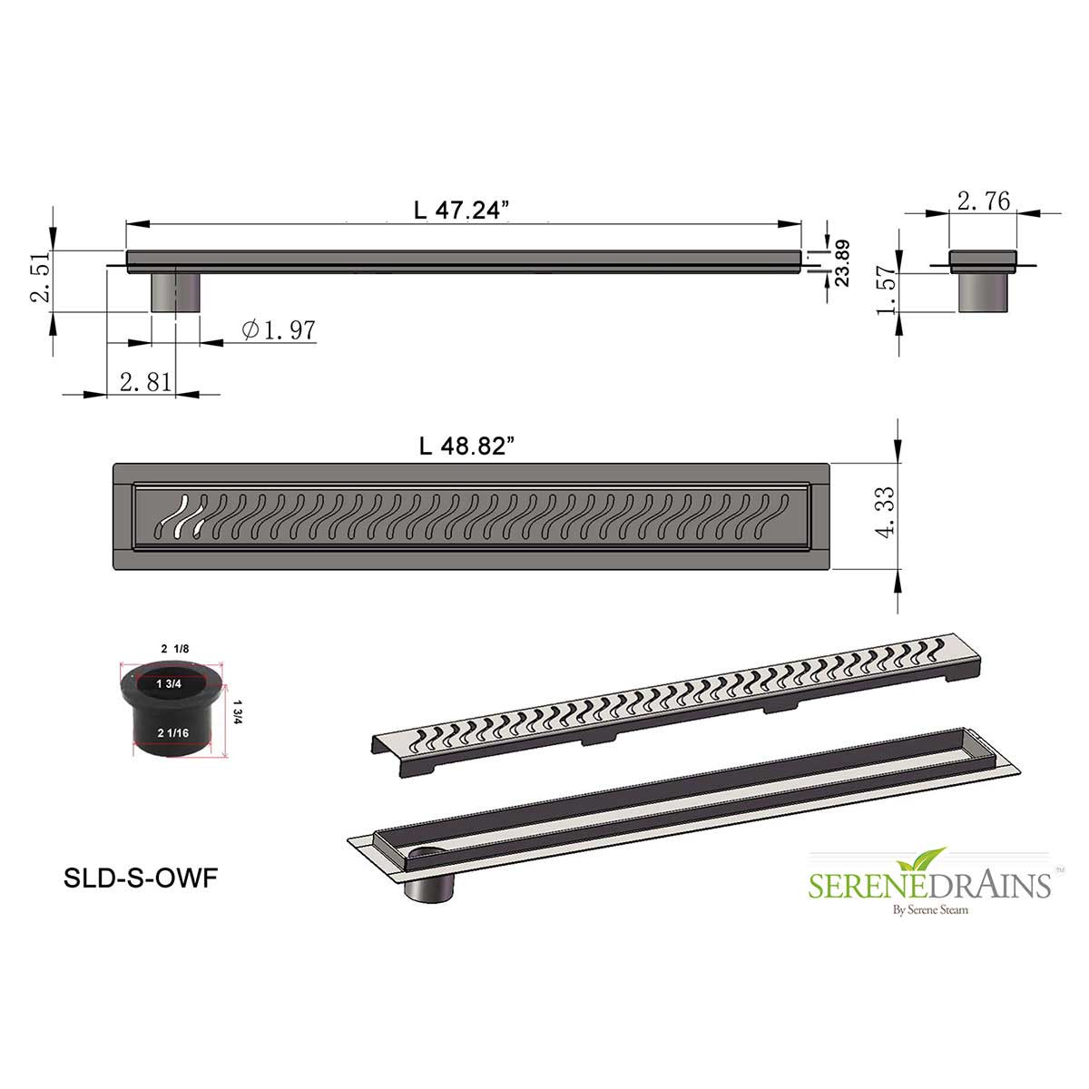 SereneDrains Linear Shower Drain Offset Outlet Ocean Wave - Brushed 47