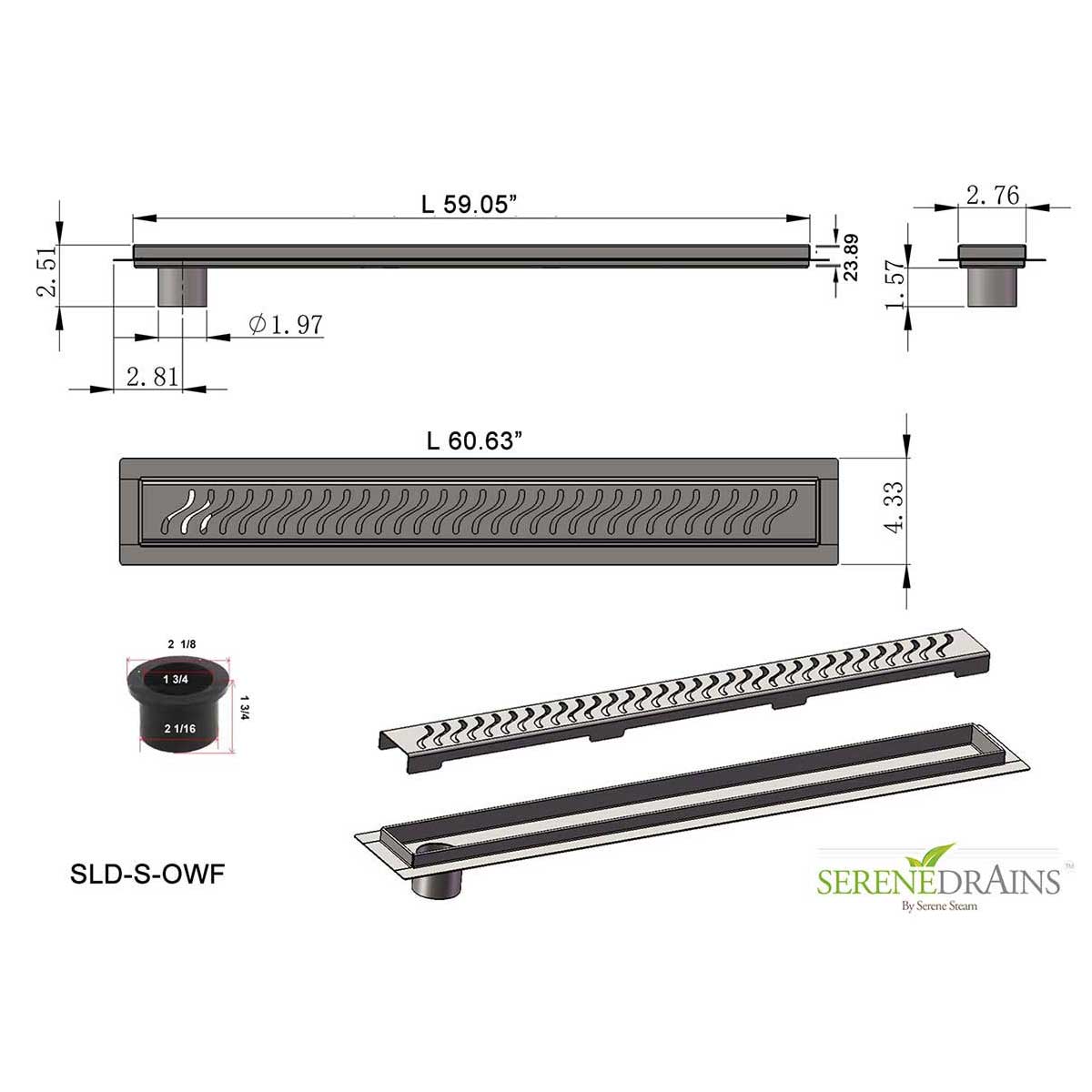 SereneDrains Linear Shower Drain Offset Outlet Ocean Wave - Brushed 59