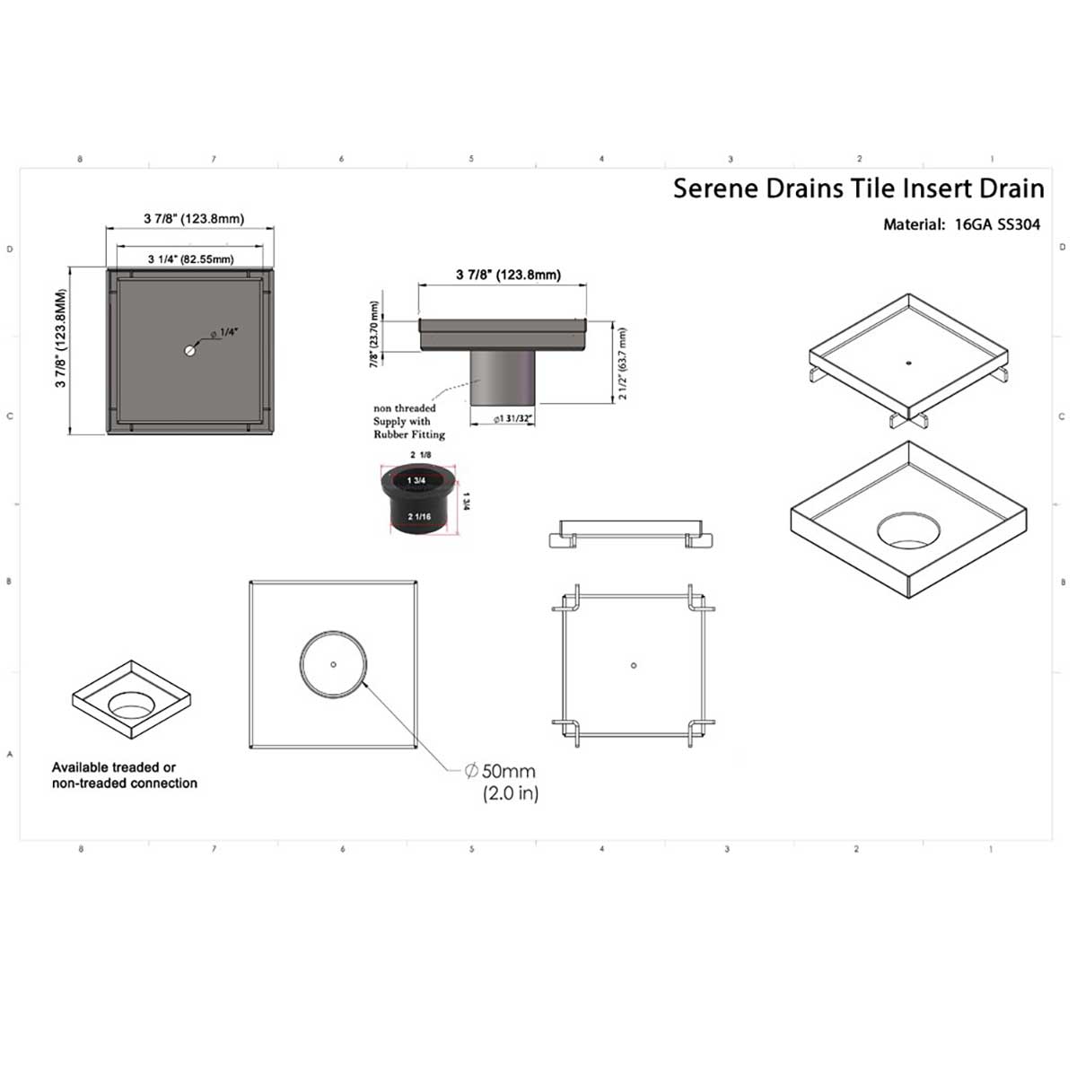 SereneDrains Square Shower Drain Tile Insert Brushed Stainless 4