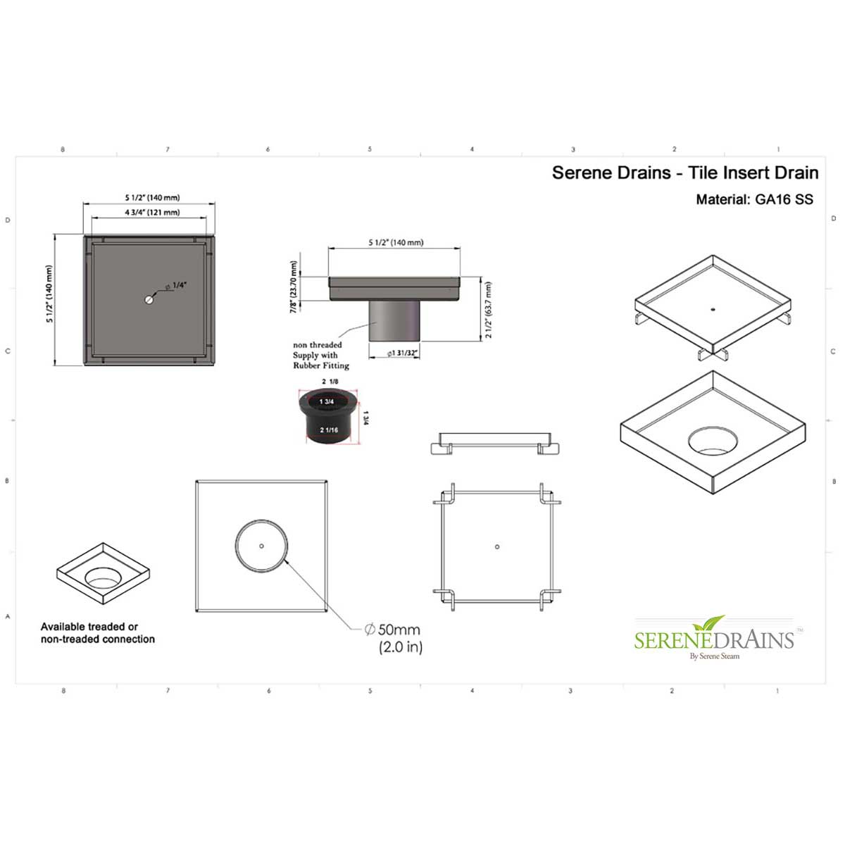 SereneDrains Square Shower Drain Tile Insert Satin Gold 5 Inch