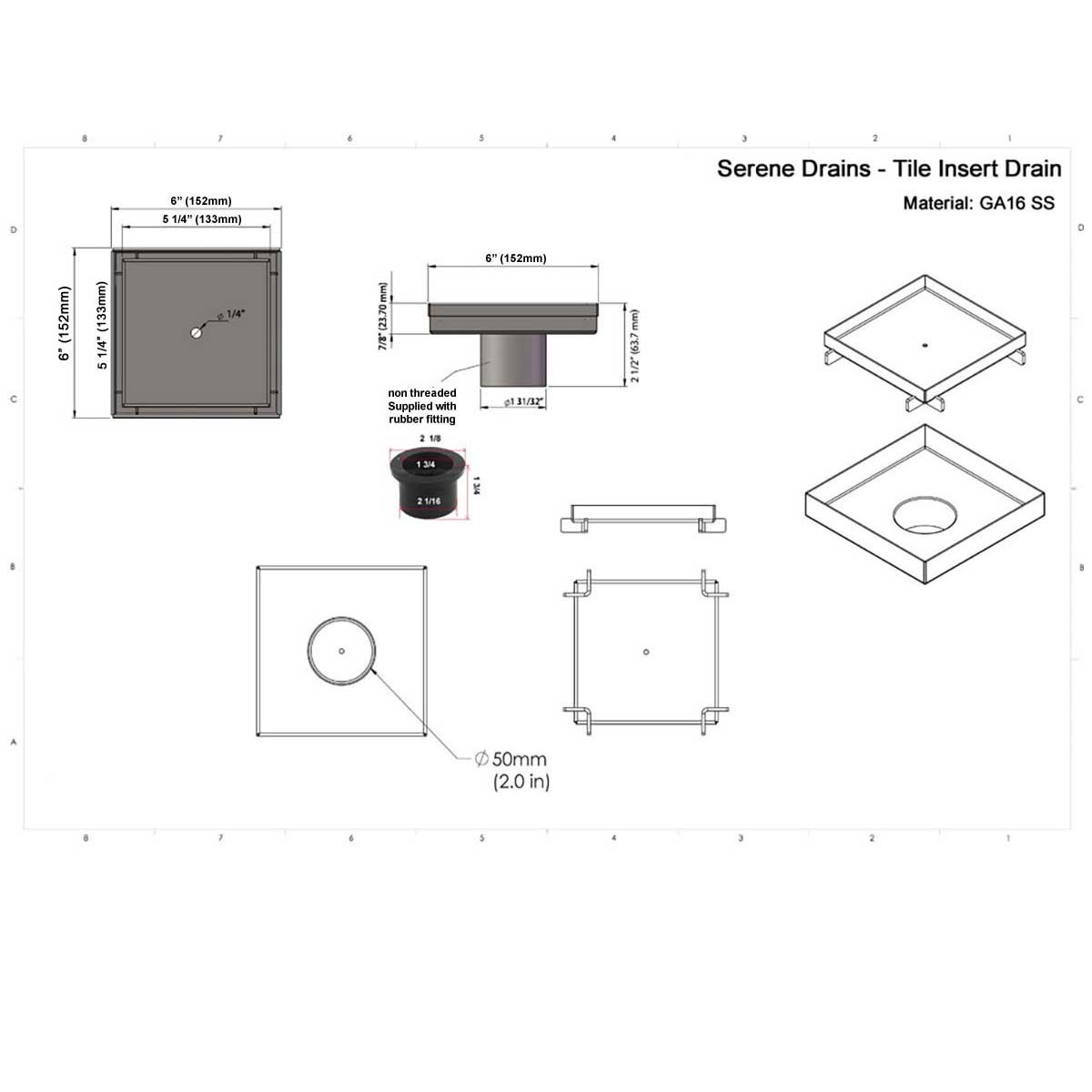 SereneDrains Square Shower Drain Tile Insert Brushed Stainless 6