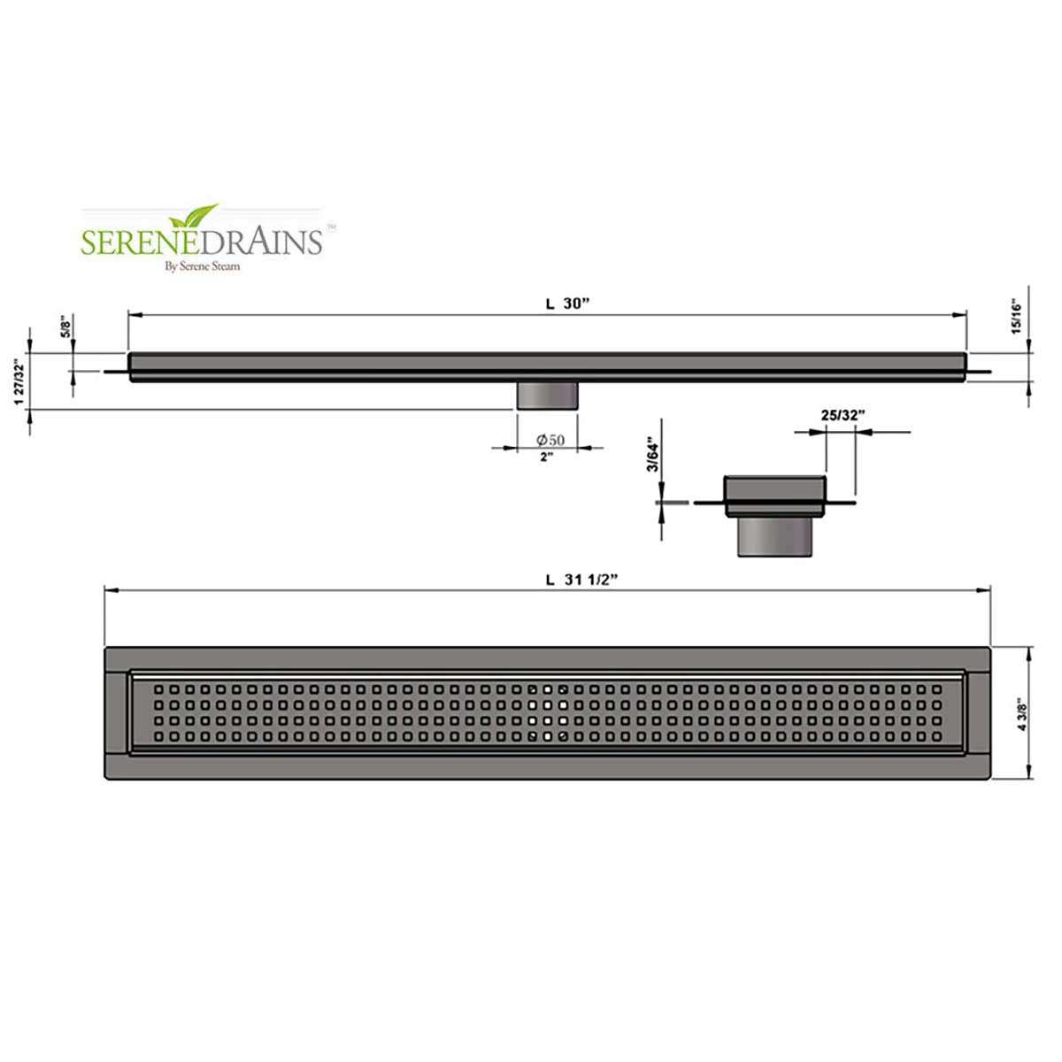 SereneDrains Linear Shower Drain Traditional Square - Brushed 30