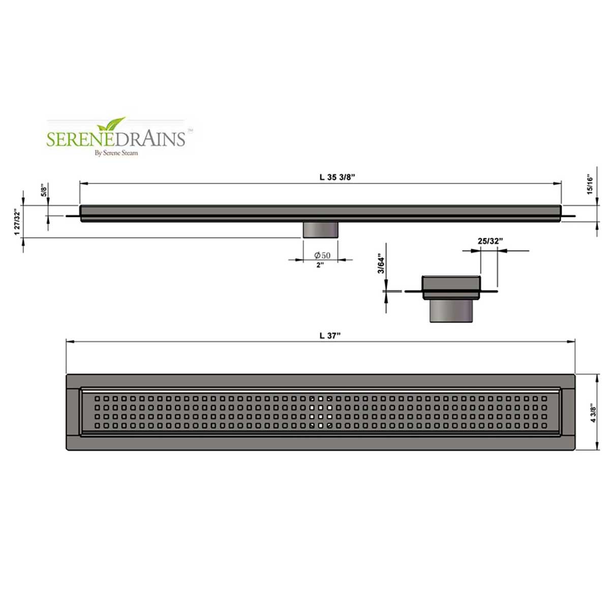 SereneDrains Linear Shower Drain Traditional Square - Brushed 35