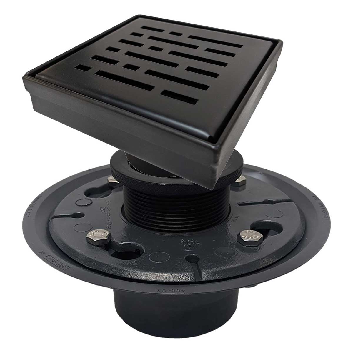 SereneDrains Square Shower Drain Kit with Base - Broken Lane - Matte Black - 4 Inch