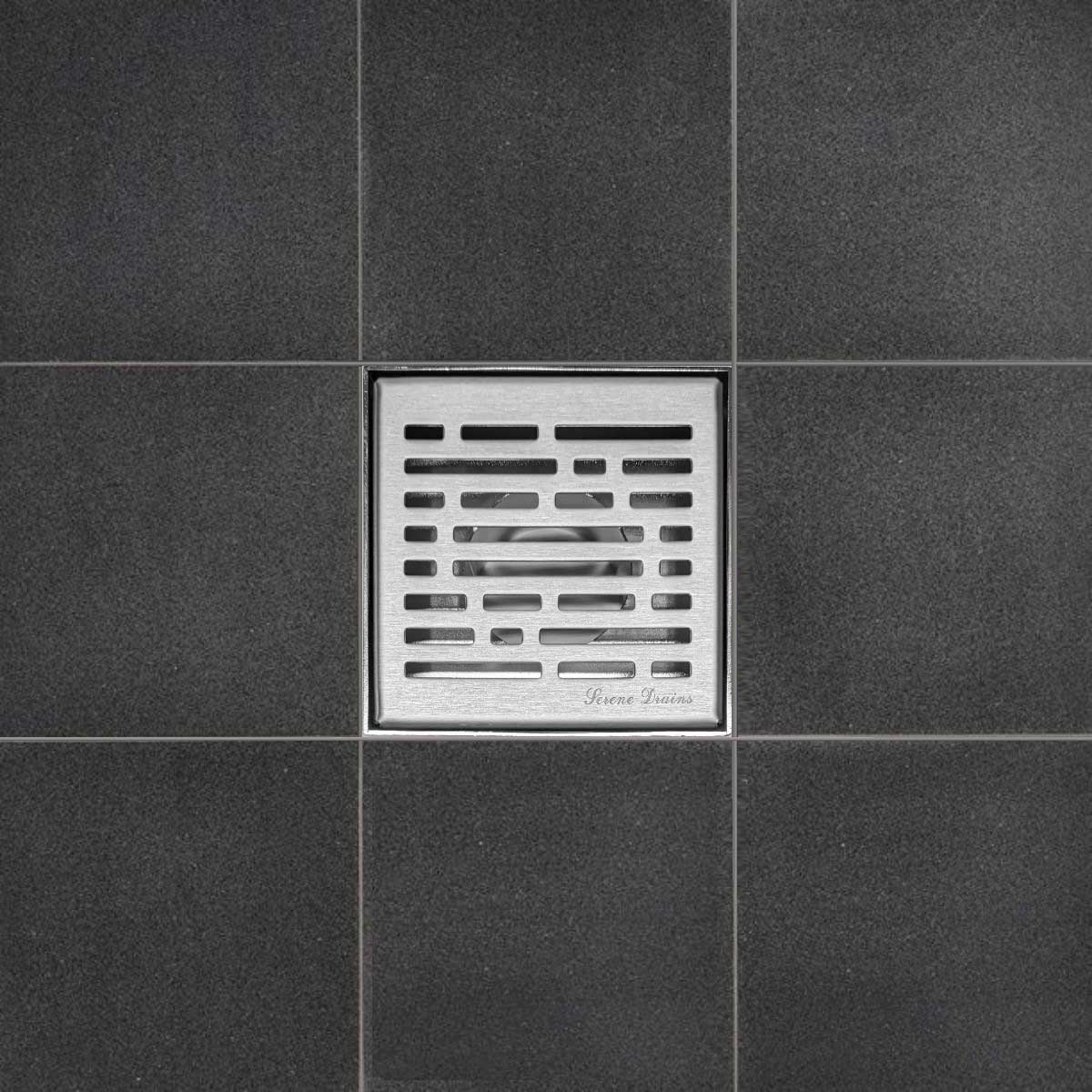 SereneDrains Square Shower Drain Kit with Base - Broken Lane - Brushed Nickel - 4 Inch