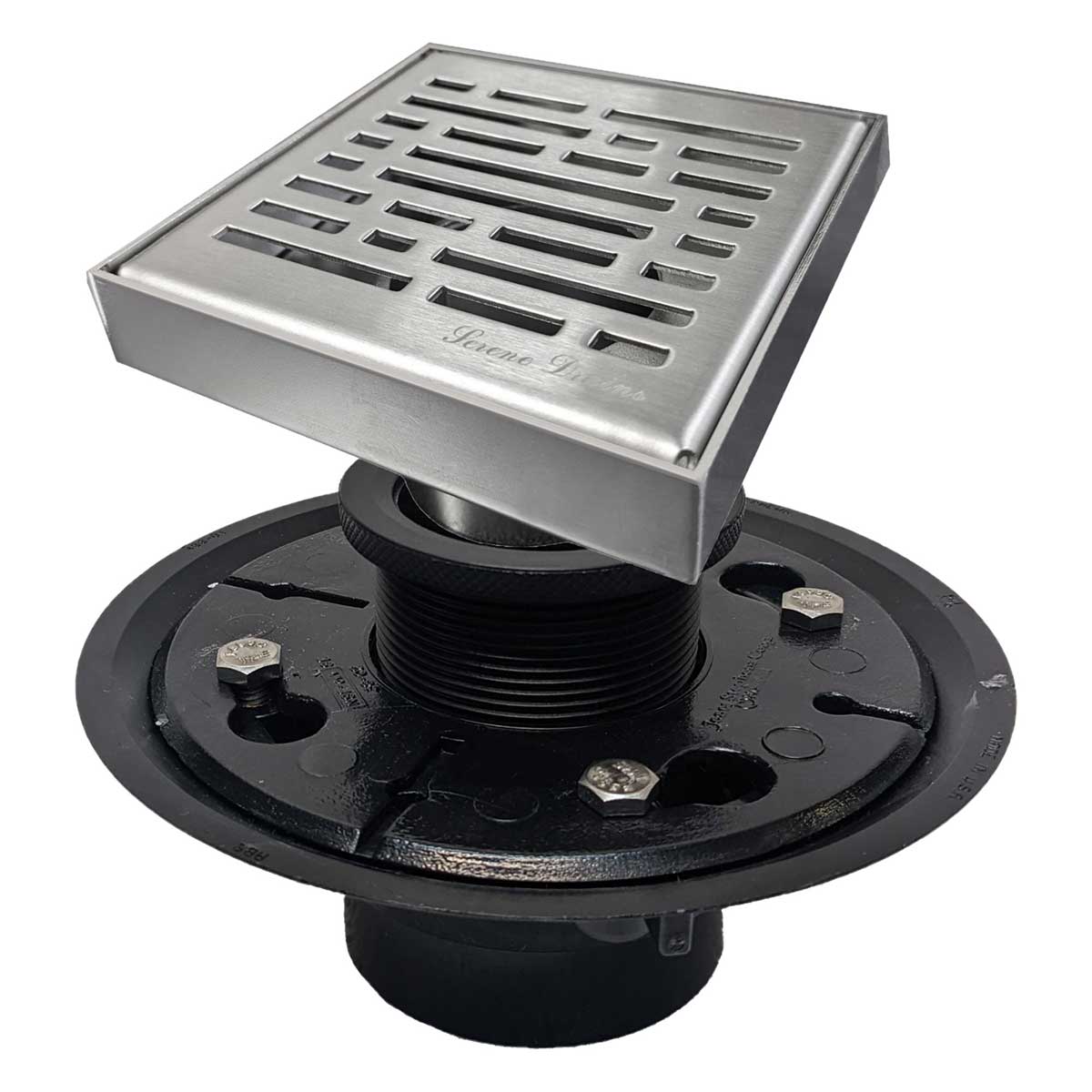 SereneDrains Square Shower Drain Kit with Base - Broken Lane - Brushed Nickel - 4 Inch