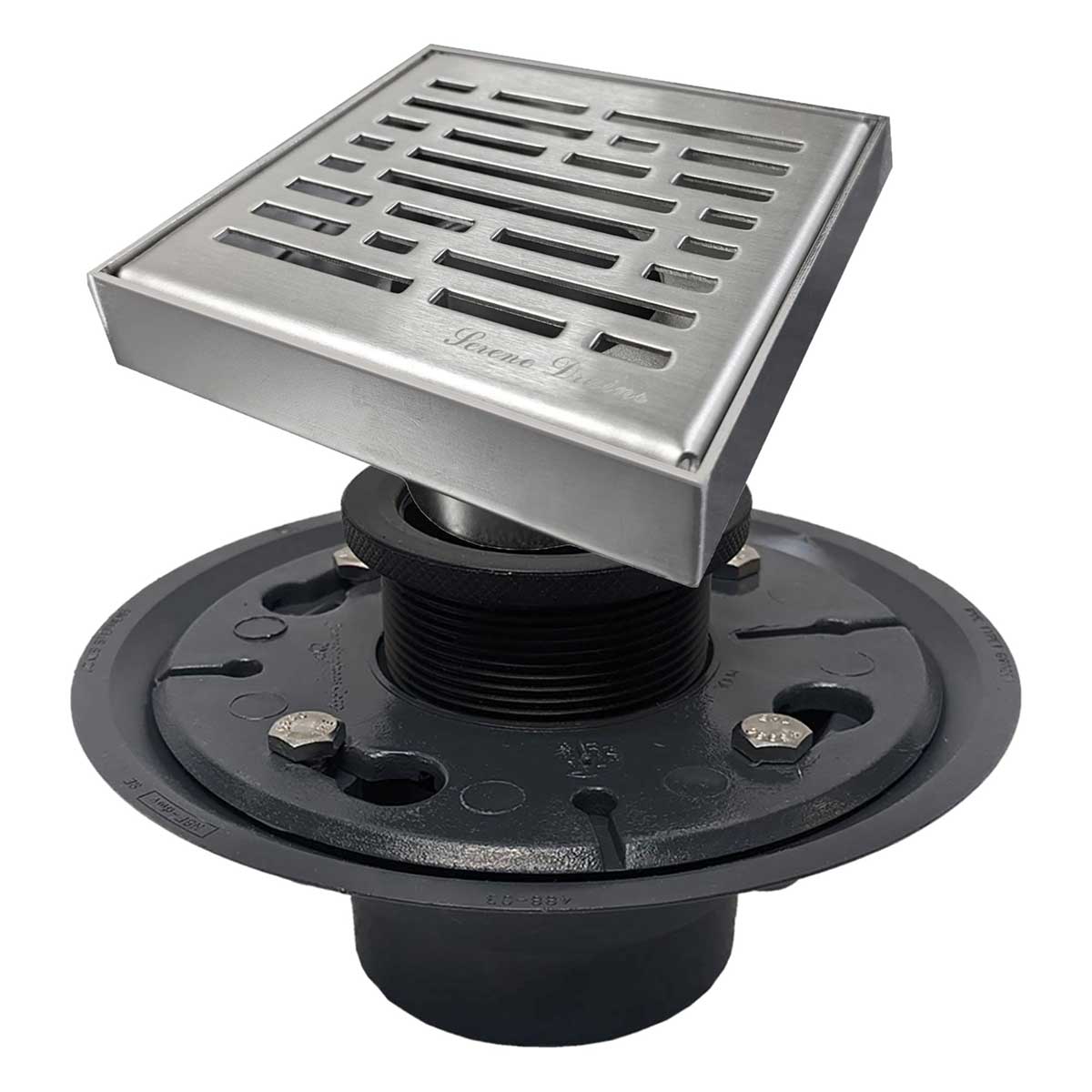 SereneDrains Square Shower Drain Kit with Base - Broken Lane - Brushed Nickel - 4 Inch