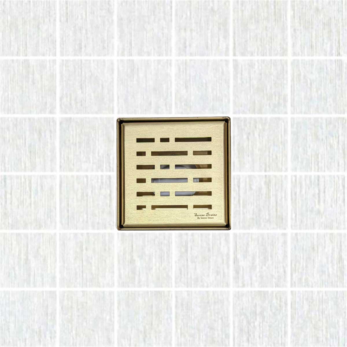 SereneDrains Square Shower Drain Kit with Base - Broken Lane - Matte Gold - 4 Inch