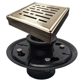 SereneDrains Square Shower Drain Kit with Base - Broken Lane - Matte Gold - 4 Inch ABS Plastic