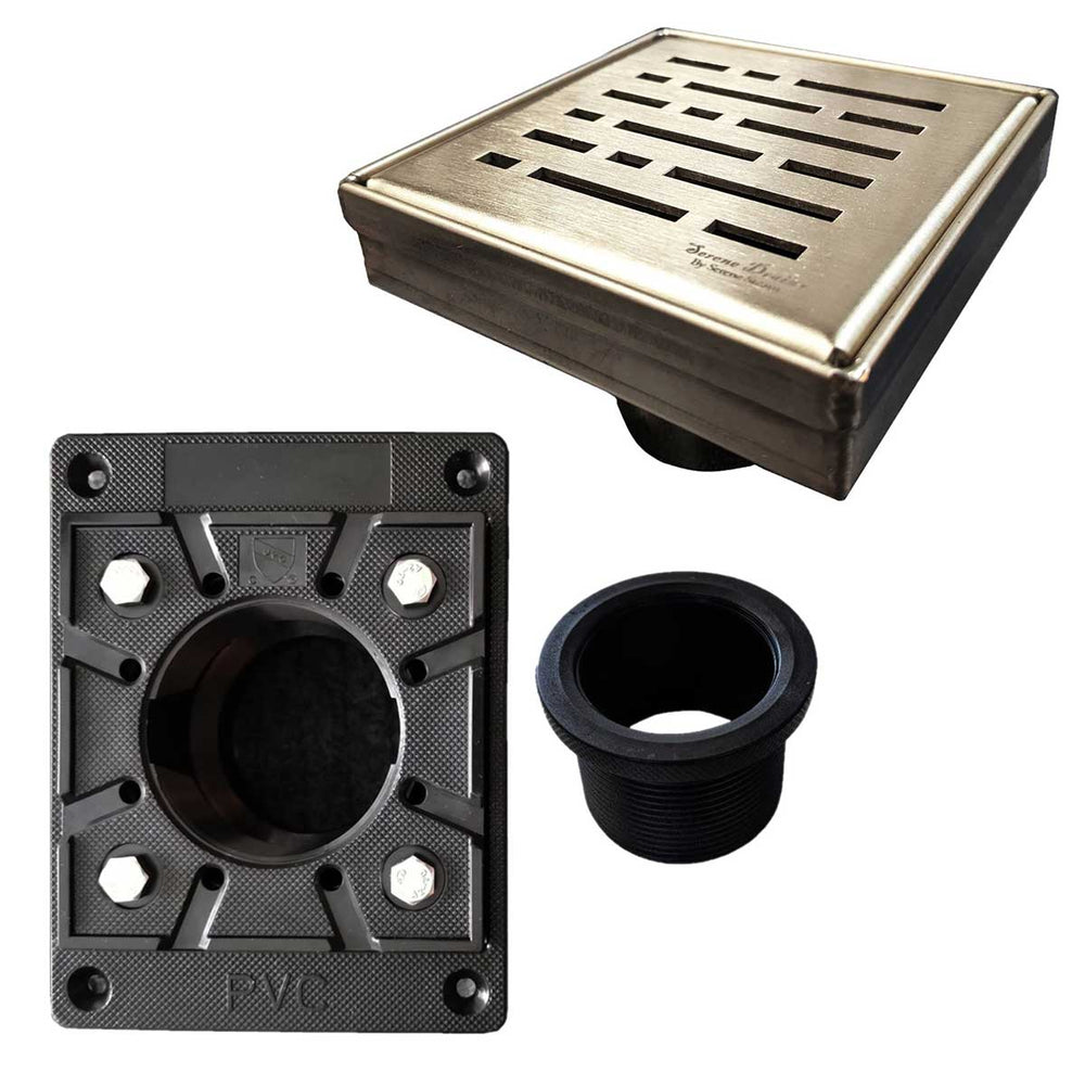 SereneDrains Square Shower Drain Kit with Base - Broken Lane - Matte Gold - 4 Inch