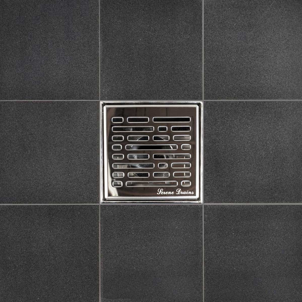 SereneDrains Square Shower Drain Kit with Base - Broken Lane - Polished Chrome - 4 Inch