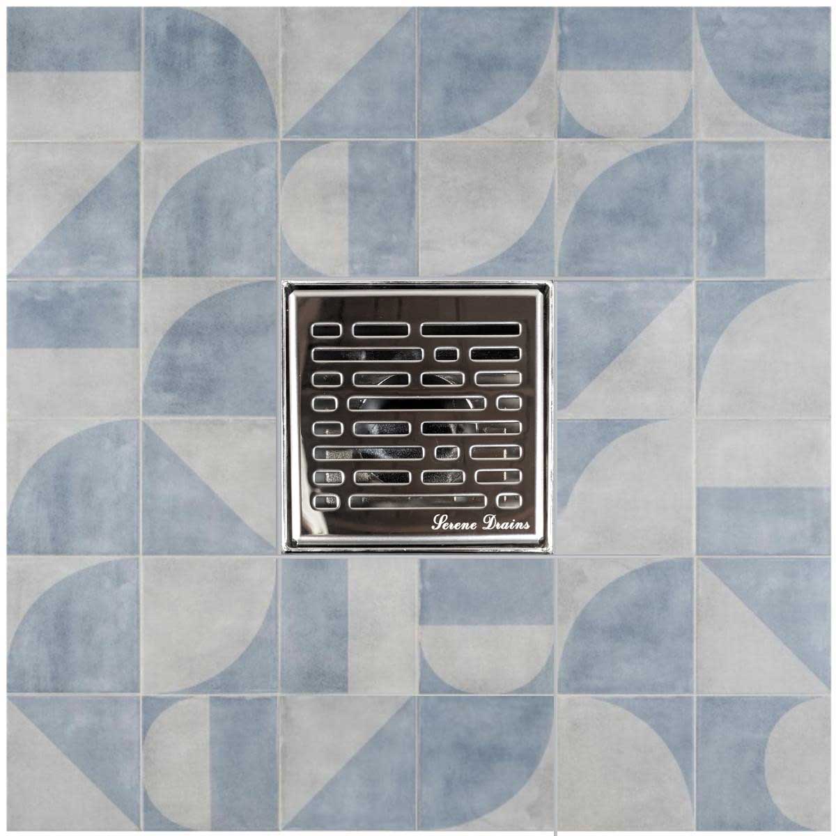 SereneDrains Square Shower Drain Kit with Base - Broken Lane - Polished Chrome - 4 Inch