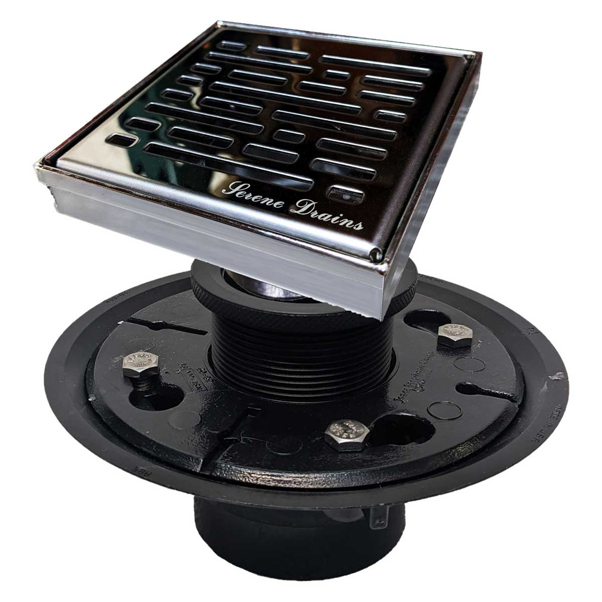 SereneDrains Square Shower Drain Kit with Base - Broken Lane - Polished Chrome - 4 Inch