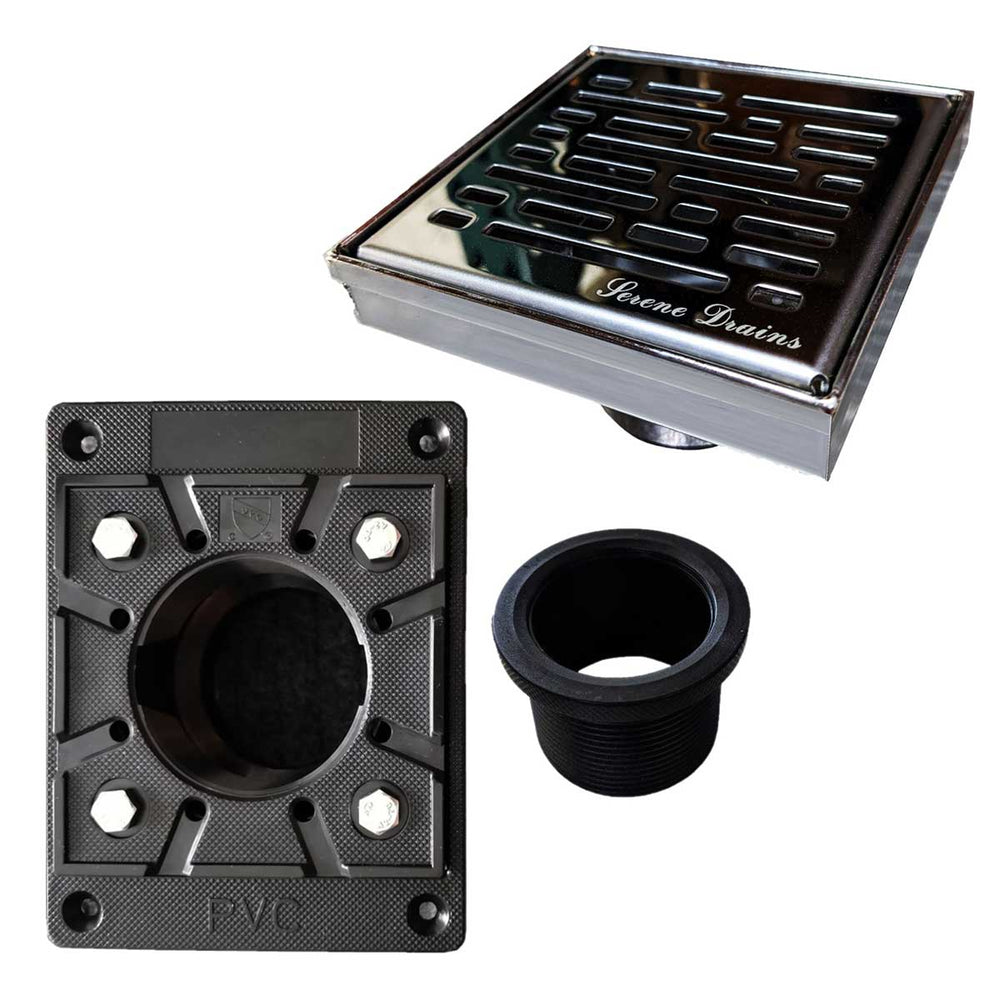 SereneDrains Square Shower Drain Kit with Base - Broken Lane - Polished Chrome - 4 Inch
