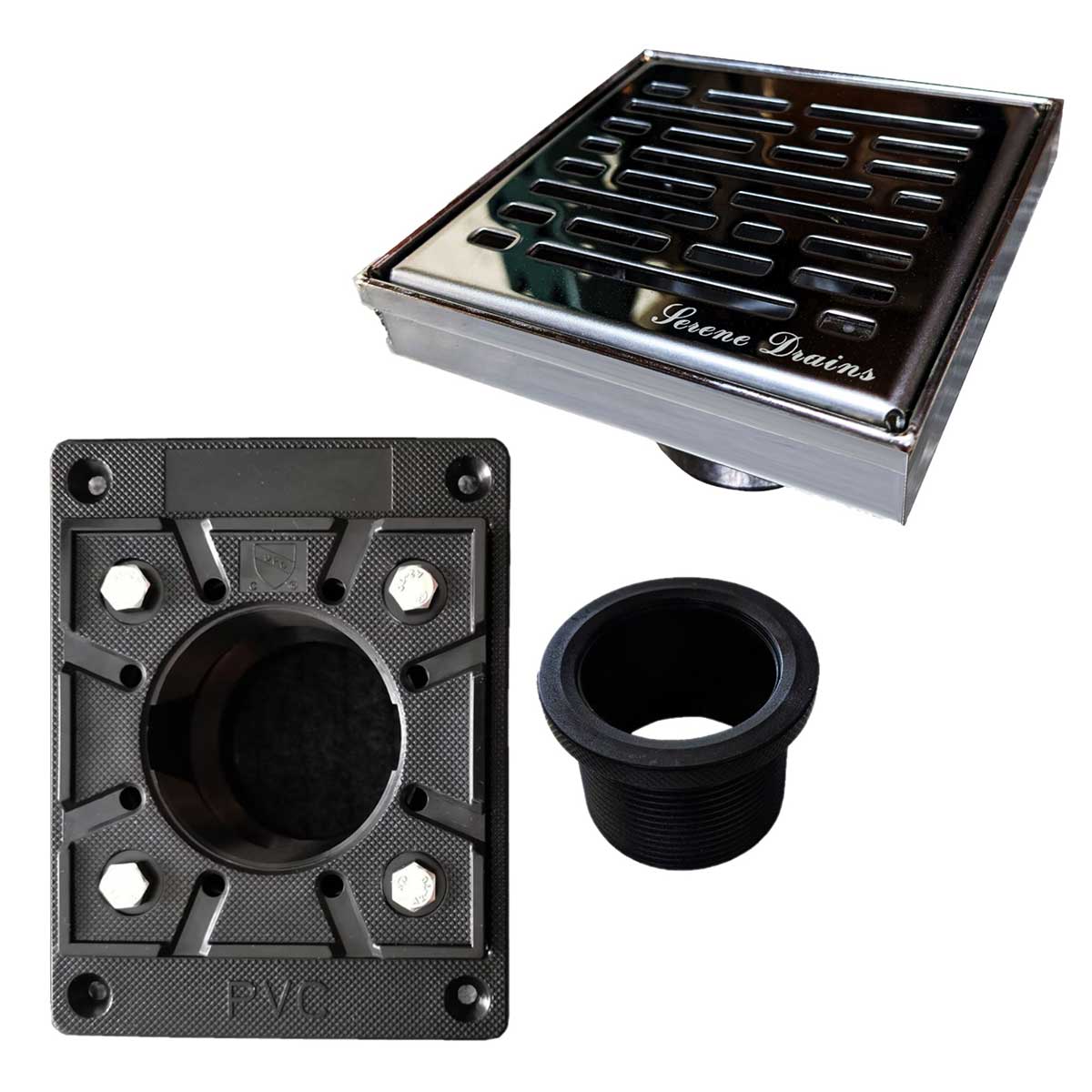SereneDrains Square Shower Drain Kit with Base - Broken Lane - Polished Chrome - 4 Inch