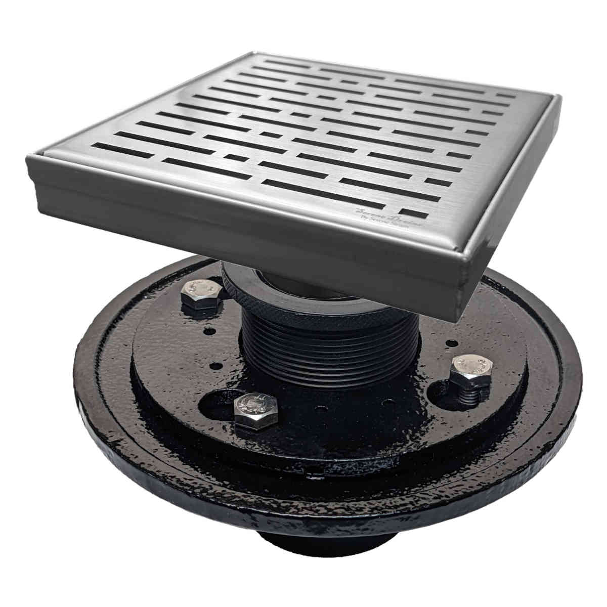 SereneDrains Square Shower Drain Kit with Base - Broken Lane - Brushed Nickel - 6 Inch Cast Iron