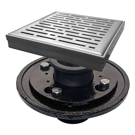 SereneDrains Square Shower Drain Kit with Base - Broken Lane - Brushed Nickel - 6 Inch Cast Iron