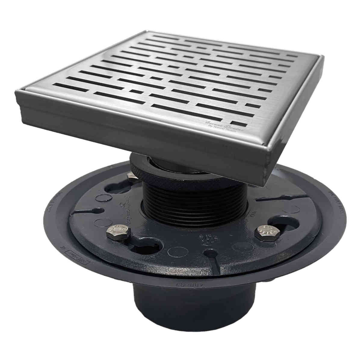 SereneDrains Square Shower Drain Kit with Base - Broken Lane - Brushed Nickel - 6 Inch PVC Plastic