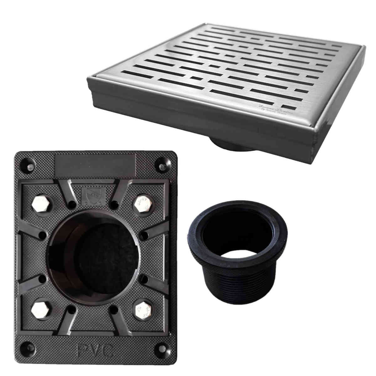 SereneDrains Square Shower Drain Kit with Base - Broken Lane - Brushed Nickel - 6 Inch Square PVC Plastic