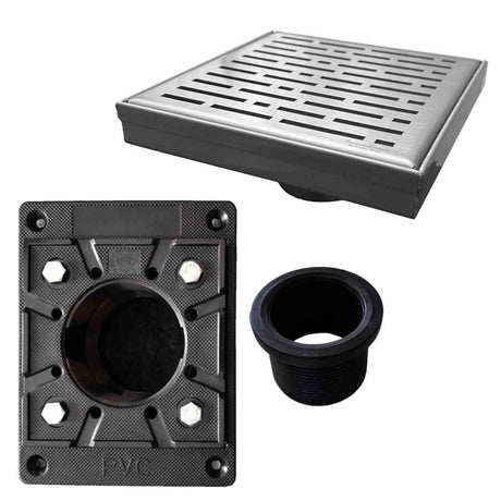 SereneDrains Square Shower Drain Kit with Base - Broken Lane - Brushed Nickel - 6 Inch Square PVC Plastic