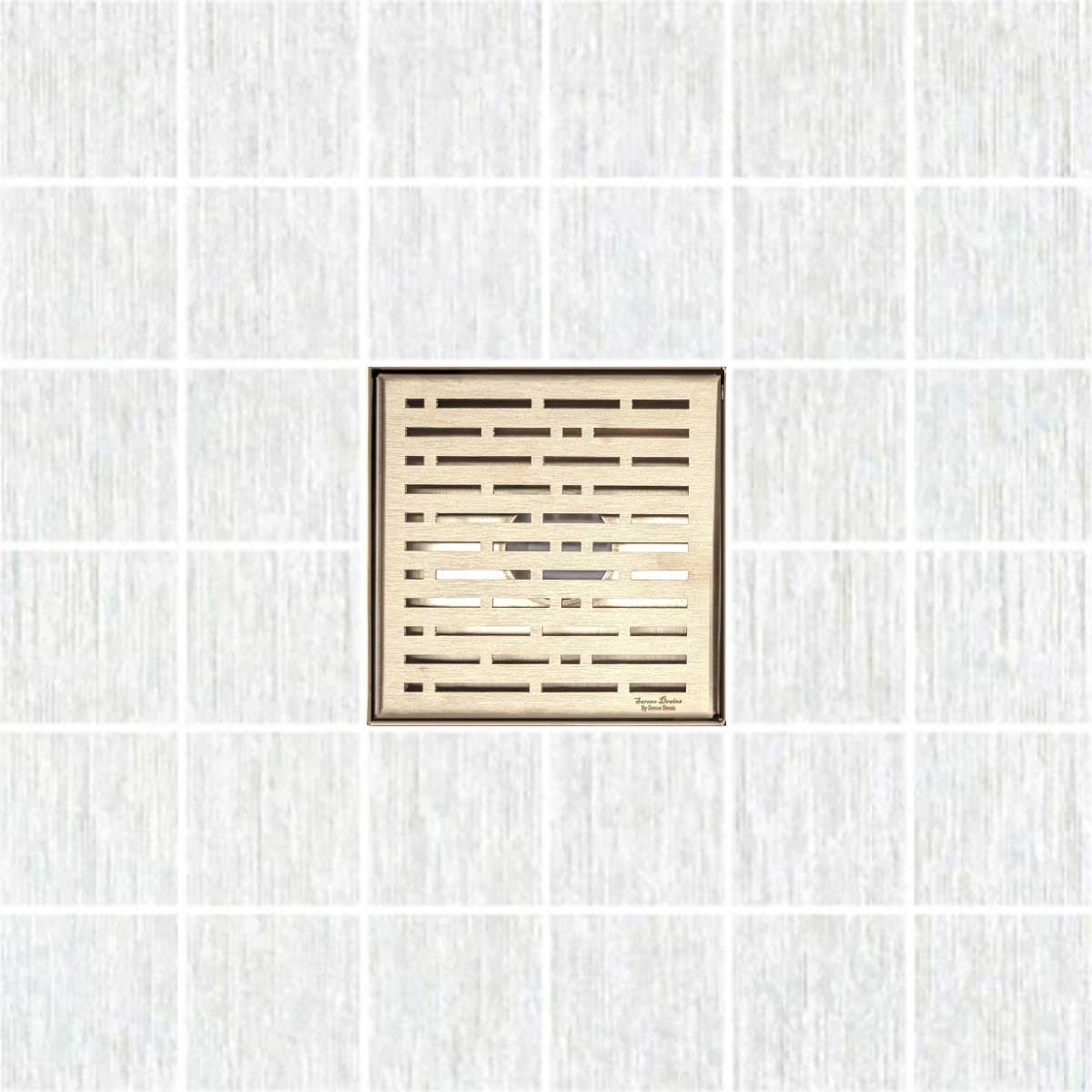 Decorative square shower drain cover with a textured pattern on a white background