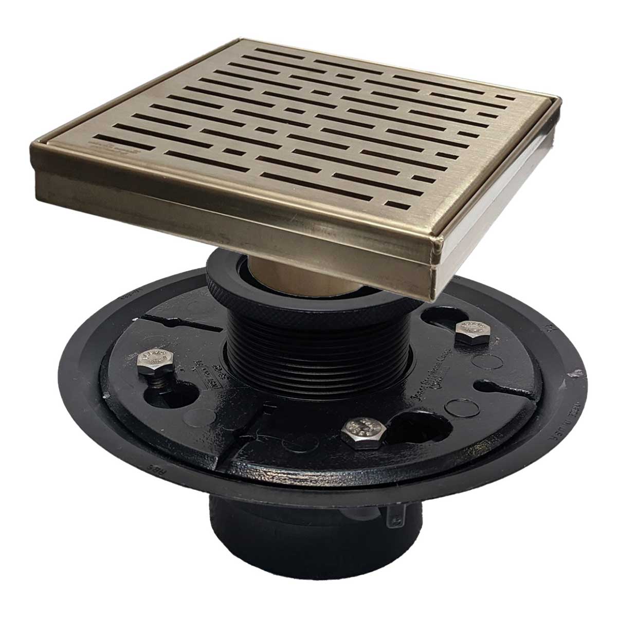 SereneDrains Square Shower Drain Kit with Base - Broken Lane - Matte Gold - 6 Inch