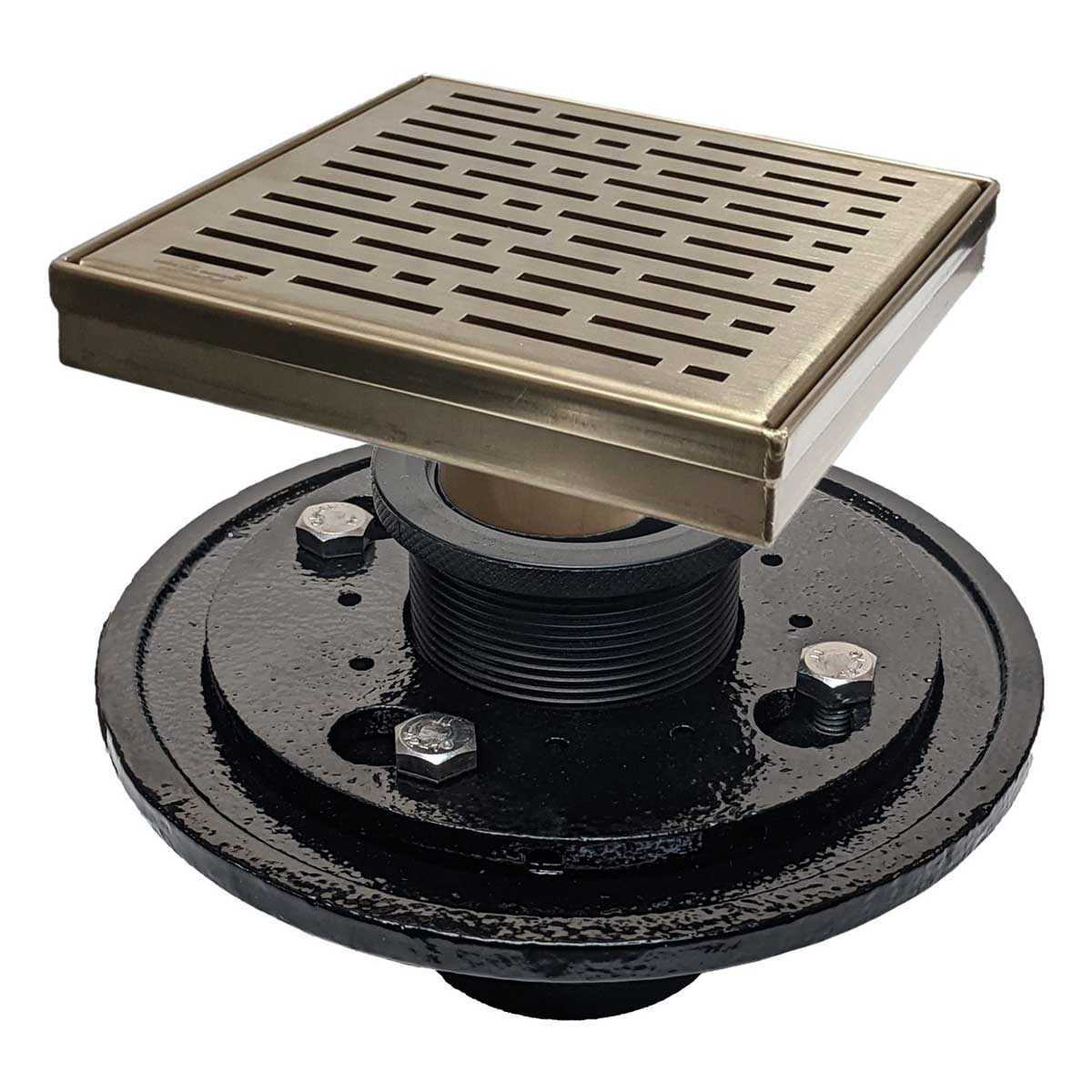 SereneDrains Square Shower Drain Kit with Base - Broken Lane - Matte Gold - 6 Inch