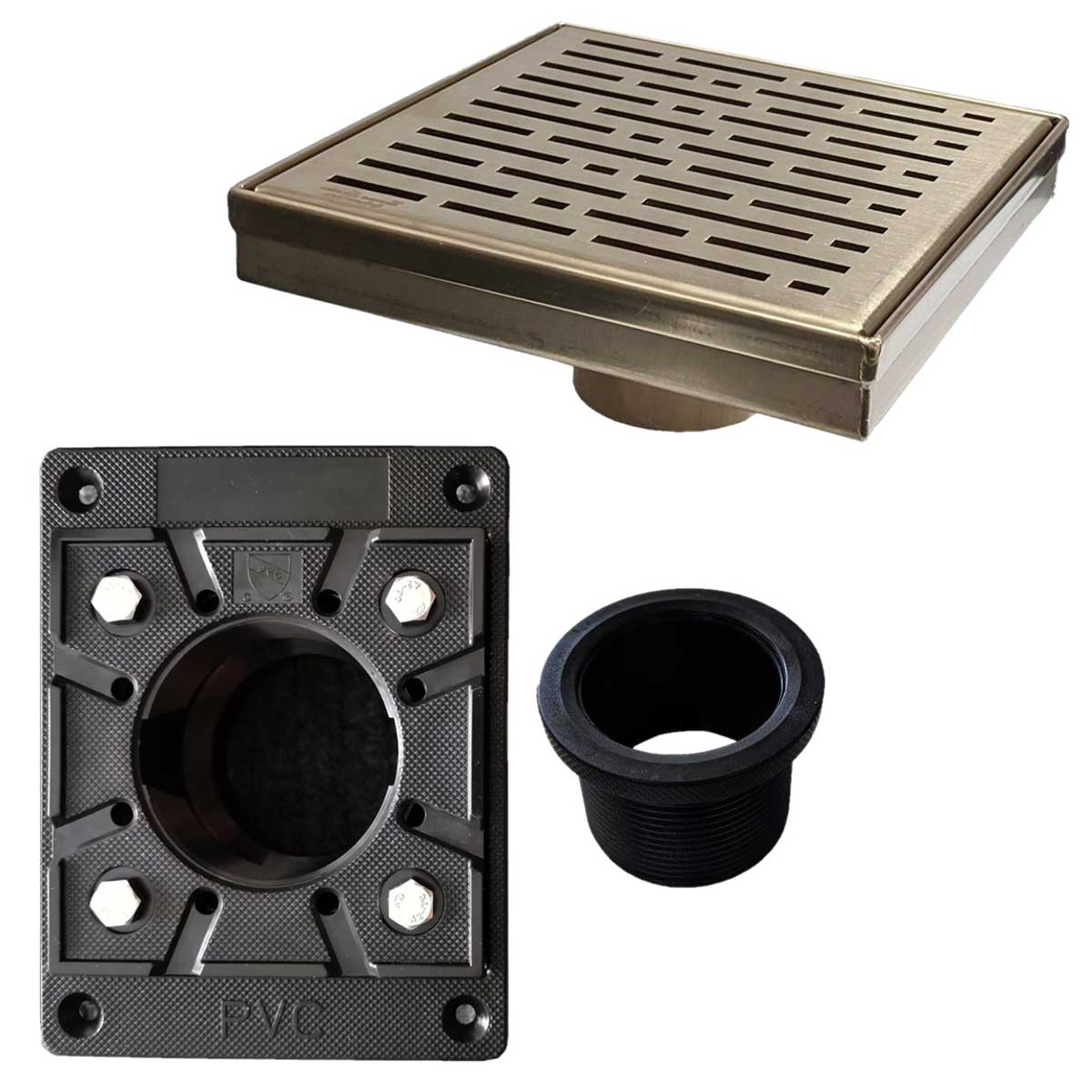 SereneDrains Square Shower Drain Kit with Base - Broken Lane - Matte Gold - 6 Inch