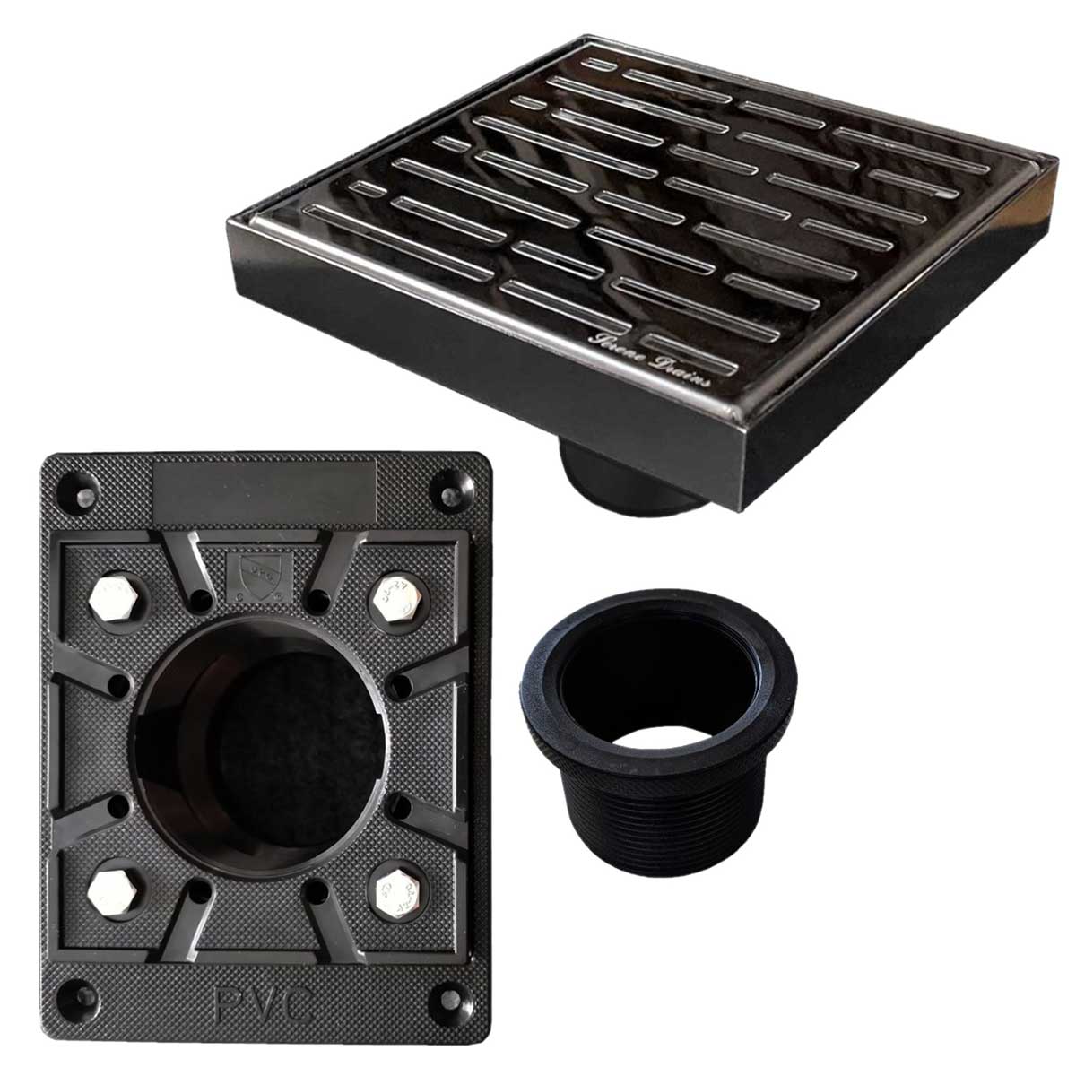 SereneDrains Square Shower Drain Kit with Base - Broken Lane - Polished Chrome - 6 Inch