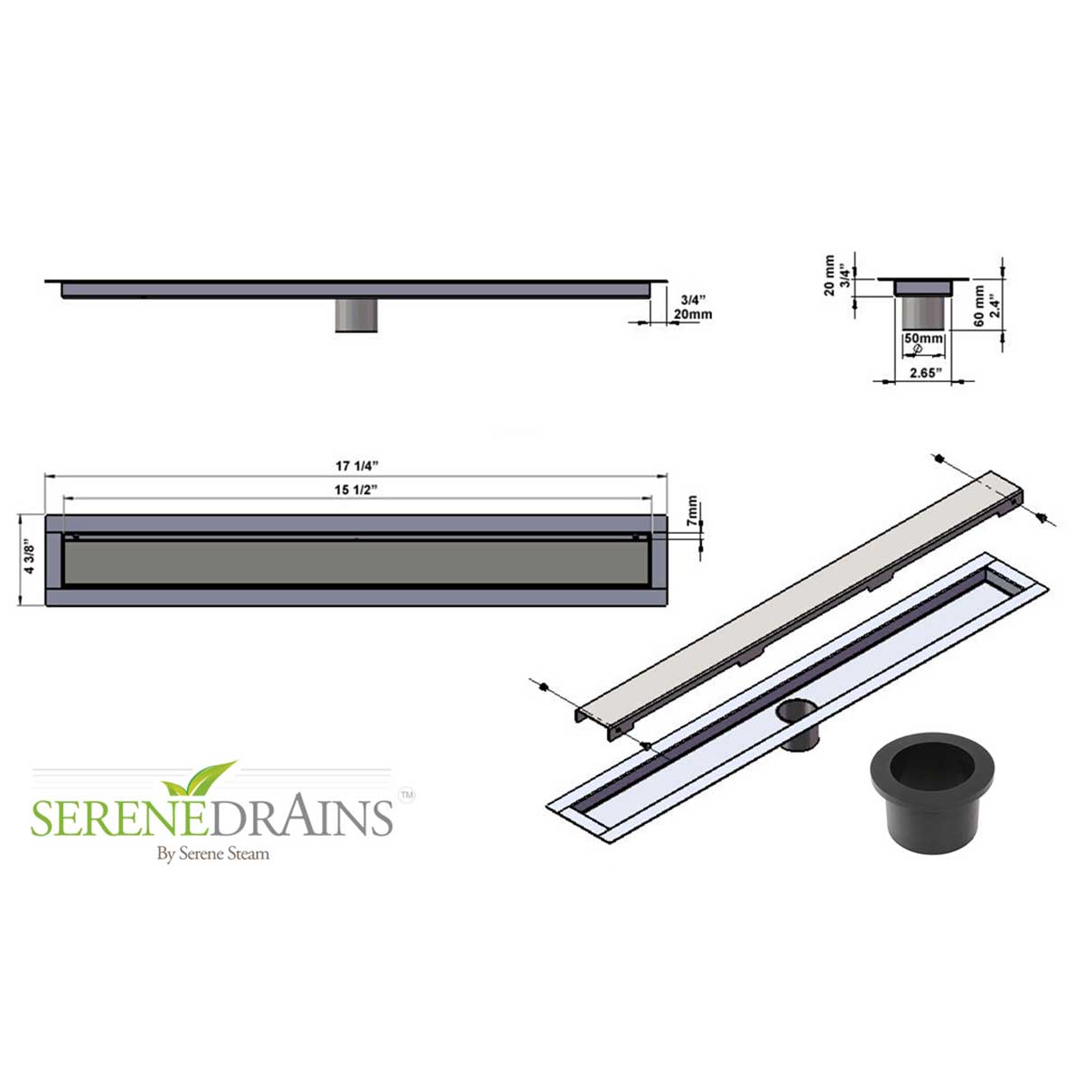 Measurement chart of a drain system with dimensions and Serene Drains branding.