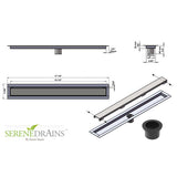 Measurement chart of a drain system with dimensions and Serene Drains branding.