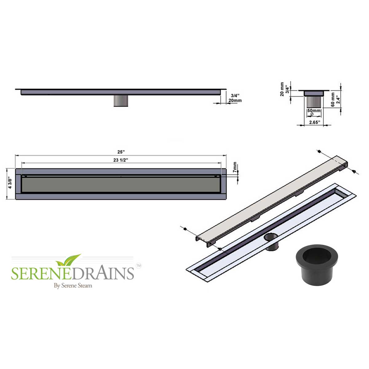 Serene Drains product with dimensions and specifications on a white background