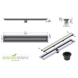 Serene Drains product with dimensions and specifications on a white background