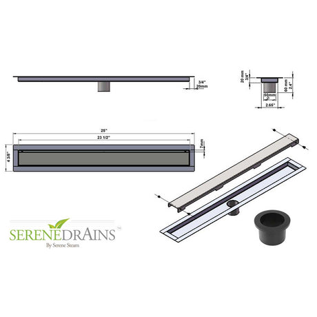 Serene Drains product with dimensions and specifications on a white background