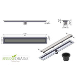 Serenedrains shower drain system with dimensions and specifications on a white background