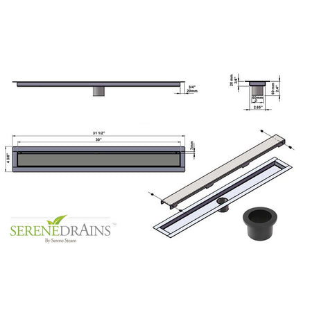 Serenedrains shower drain system with dimensions and specifications on a white background