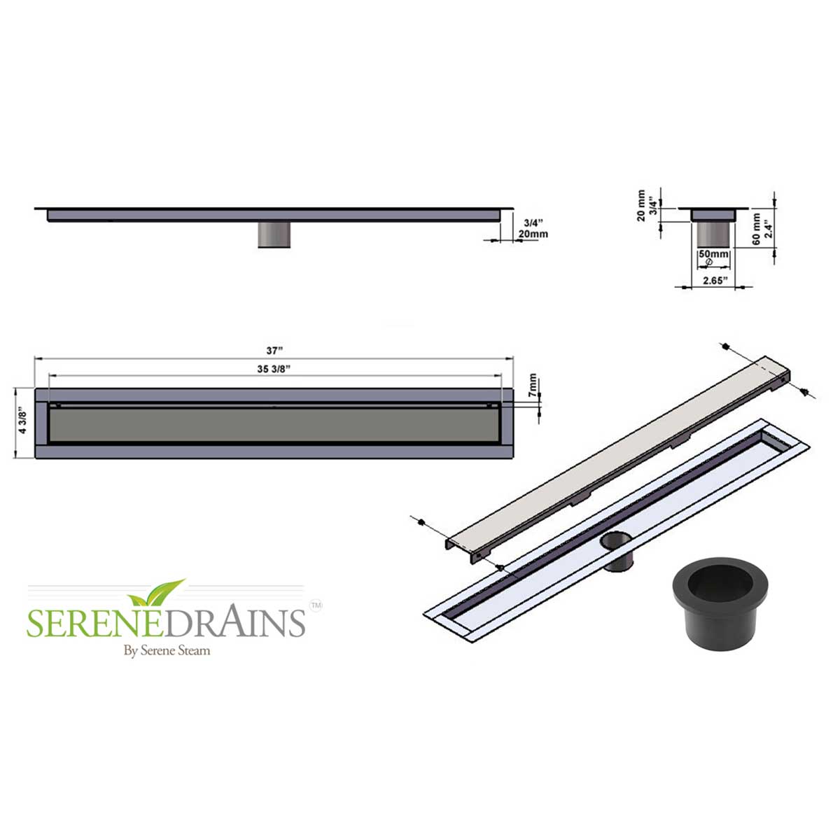 Serenedrains shower drain system with dimensions and specifications on a white background