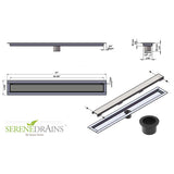 Serenedrains shower drain system with dimensions and specifications on a white background