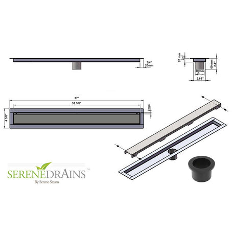Serenedrains shower drain system with dimensions and specifications on a white background