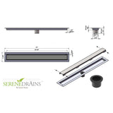 Serene Drains shower drain system with dimensions and specifications on a white background