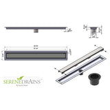Serenedrains shower drain system with dimensions and specifications on a white background