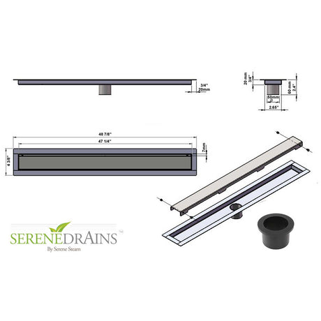 Serenedrains shower drain system with dimensions and specifications on a white background