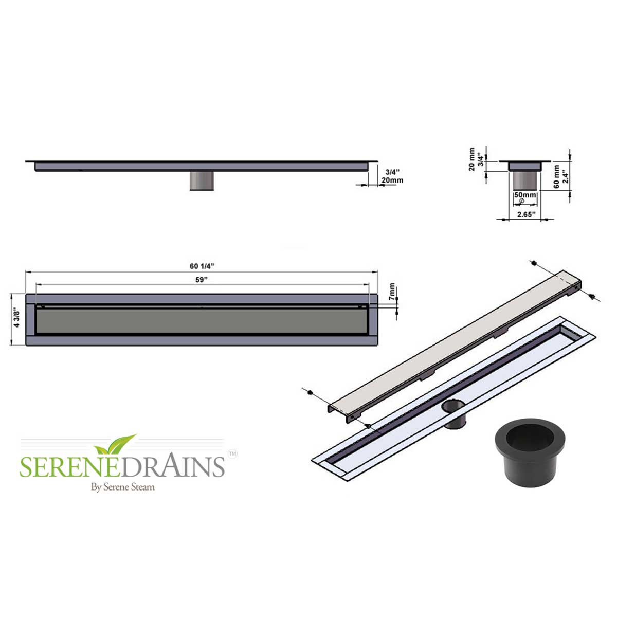 Detailed view of a drain system with dimensions and Serene Drains branding.