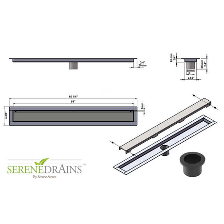Detailed view of a drain system with dimensions and Serene Drains branding.