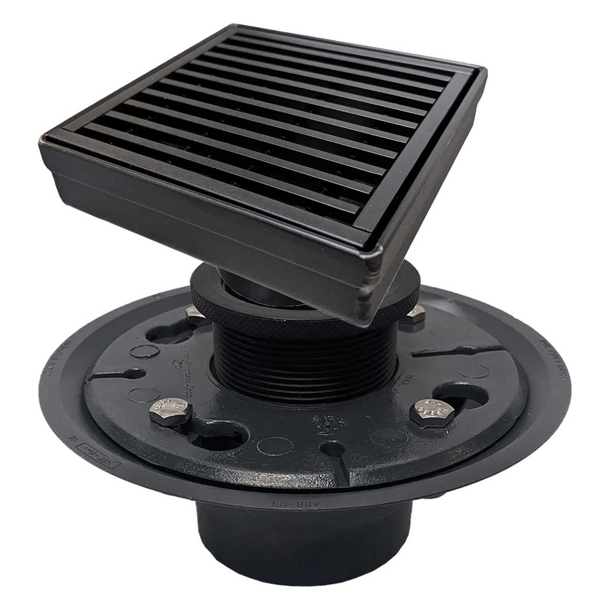 SereneDrains Square Shower Drain Kit with Base - Linear Wedge - Matte Black - 4 Inch