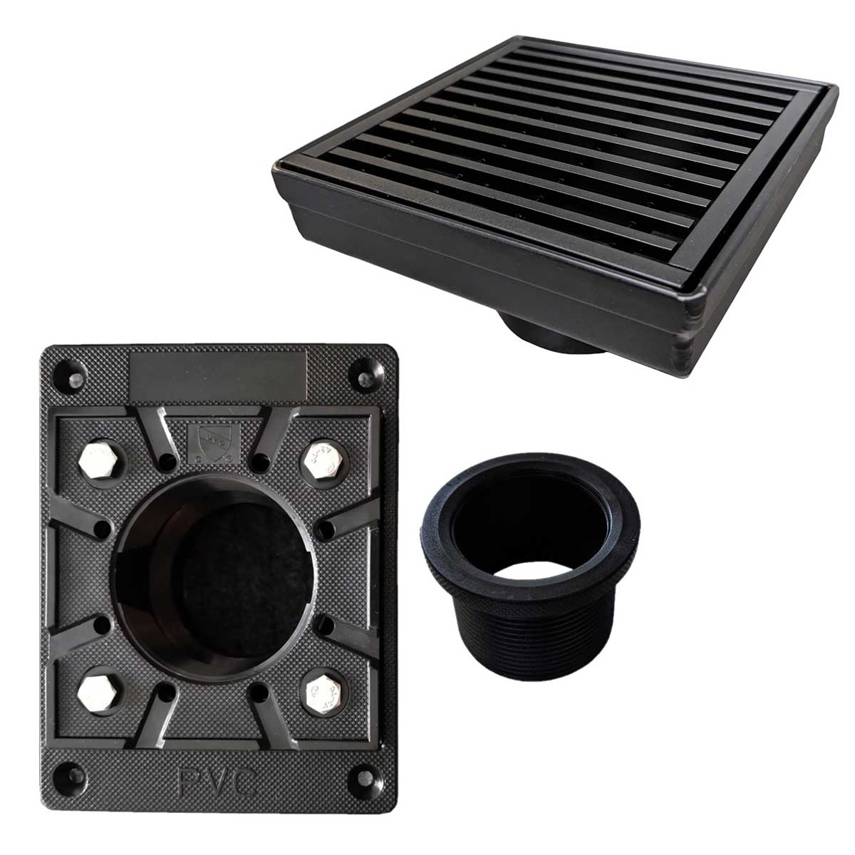 SereneDrains Square Shower Drain Kit with Base - Linear Wedge - Matte Black - 4 Inch