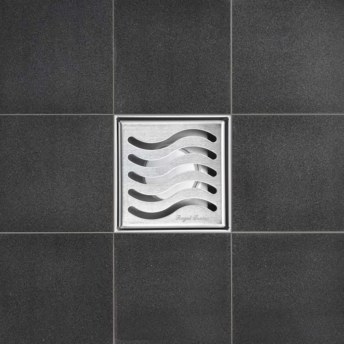 SereneDrains Square Shower Drain Ocean Wave 4 Brushed