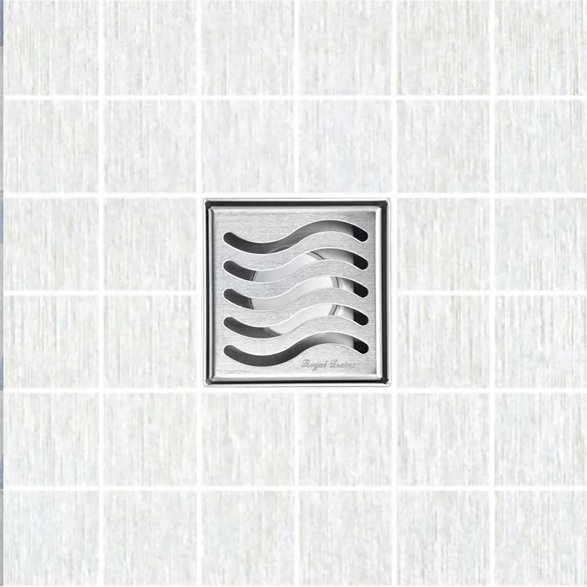 SereneDrains Square Shower Drain Ocean Wave 4 Brushed