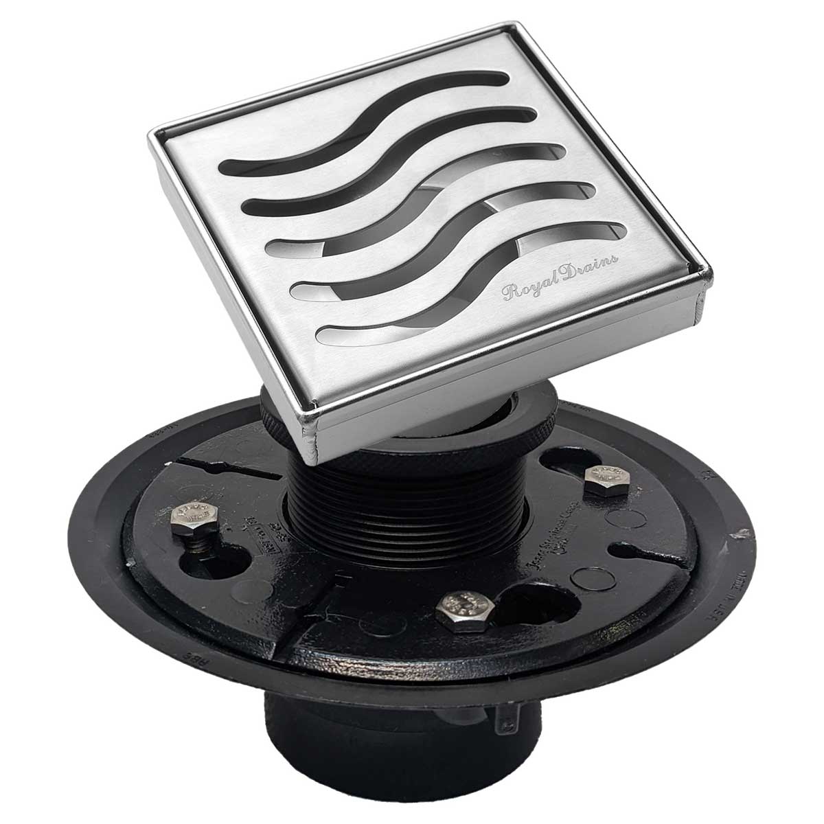 SereneDrains Square Shower Drain Kit with Base - Ocean Wave - Polished Chrome - 4 Inch