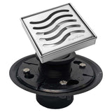 SereneDrains Square Shower Drain Kit with Base - Ocean Wave - Polished Chrome - 4 Inch